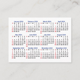2024 Mini Calendar SÖNDAG Starta San Serif-teckens Visitkort