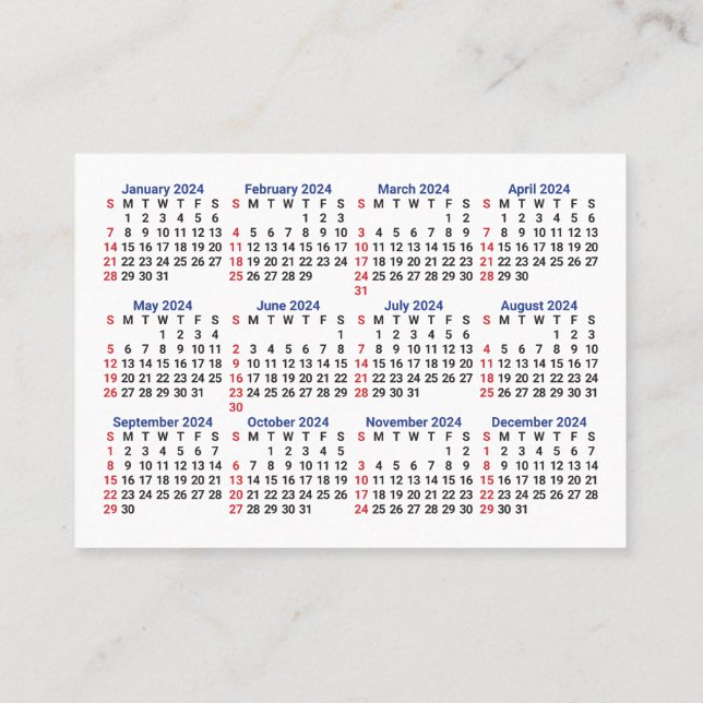 2024 Mini Calendar SÖNDAG Starta San Serif-teckens Visitkort (Baksida)