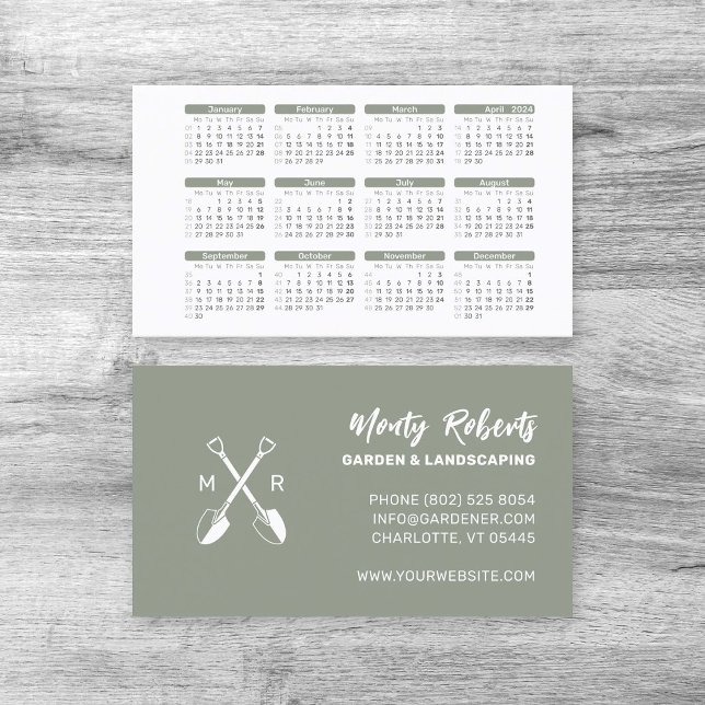 2024 Minimalistisk Dusky Grönt Pocket-kalender | Visitkort (2024 Business card calendar. Modern simple minimalistic mini calendar in dusky green.)
