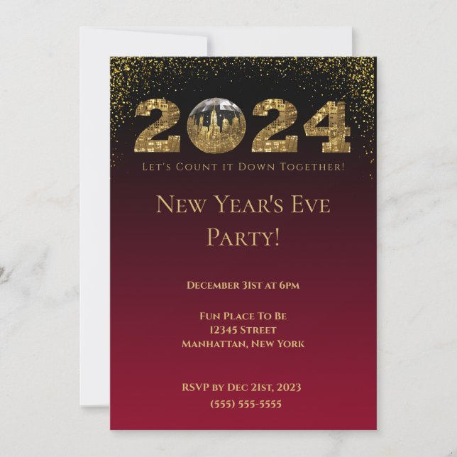 2024 Nyårsafton Party-Boll-NYC-Röd Inbjudningar (Framsida)