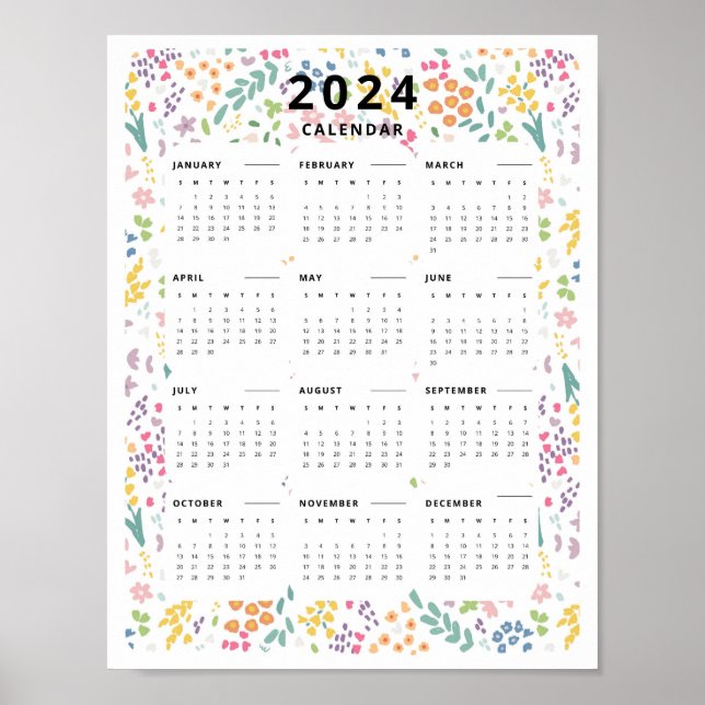 2024 Översiktskalender Vildblommönster Poster (Framsidan)