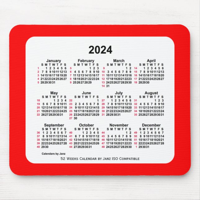 2024 Red 52 Weeks ISO Calendar av Janz Two Tone Musmatta (Framsidan)