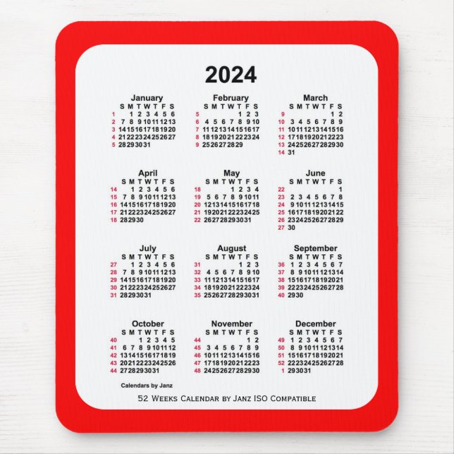 2024 Red 52 Weeks ISO Calendar av Janz Two Tone Musmatta (Framsidan)