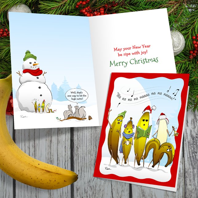 2024 Ripe Bananas jul Caroling Funny Helgkort (Customize your holiday greeting on these unique, funny banana Christmas cards!)