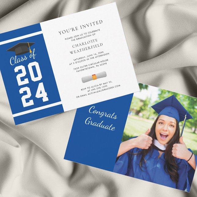 2024 Student Photo Blue-Studentfest Inbjudningar (Grad Photo Royal Blue Graduation Party Invitation)