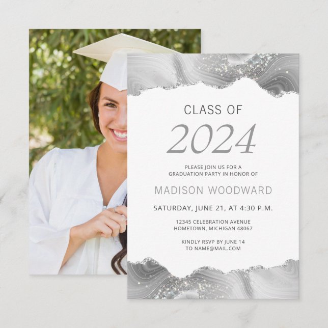 2024 Studenten Photo Grått Silver Agate-inbjudan Inbjudningar (Fram/baksida)