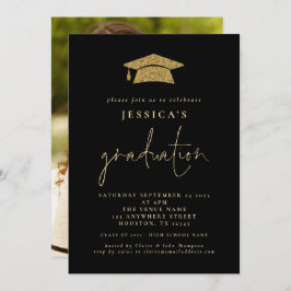 2024 Studenten Photo Guld Glitter Grad Cap Black Inbjudningar