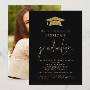 2024 Studenten Photo Guld Glitter Grad Cap Black Inbjudningar
