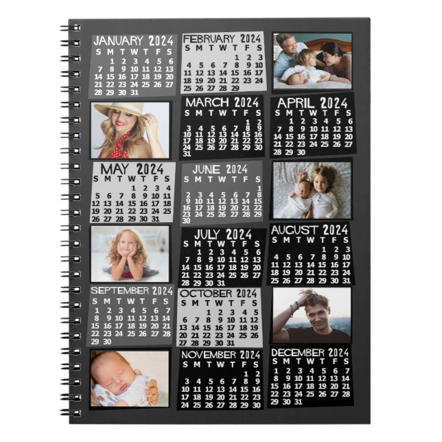 2024 Svart månatlig kalender Mod 6 Fotokollage Anteckningsbok (Framsidan)