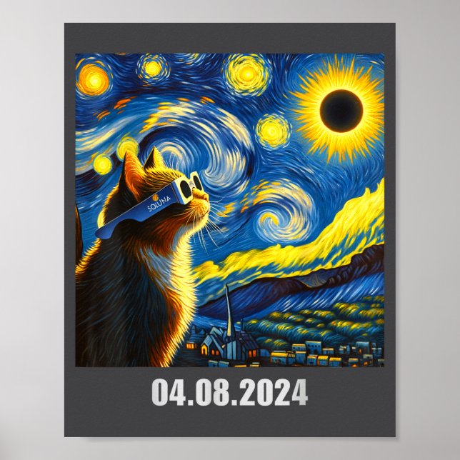 2024 Total solförmörkelse Rolig katt i Soluna Glas Poster (Framsidan)