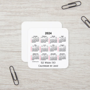 2024 Vit 52-veckors ISO-kalender från Janz Fyrkantigt Visitkort