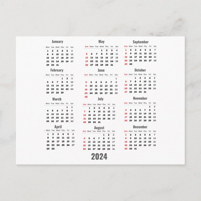 2024 Vit 52 Veckors Kalender Vykort (Framsida)