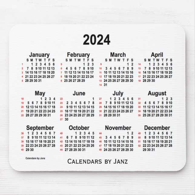 2024 Vit kalender 52 veckor från Janz Musmatta (Framsidan)