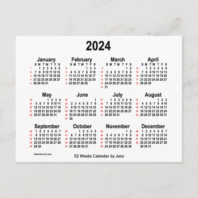 2024 Vit kalender 52 veckor från Janz Vykort (Framsida)