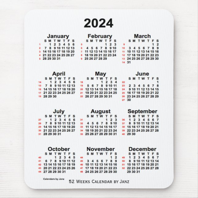 2024 Vit kalender för 52 veckor från Janz Musmatta (Framsidan)