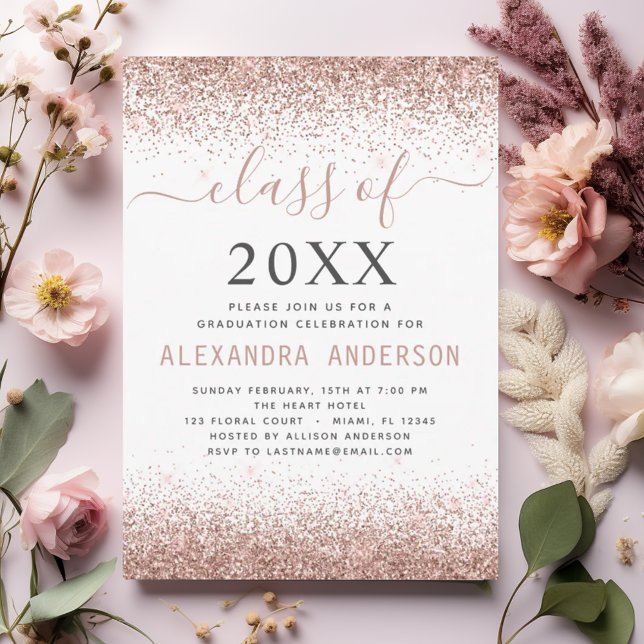 2024 Vita Studentfesten Rosa ros Guld Glitter Inbjudningar (Skapare uppladdad)