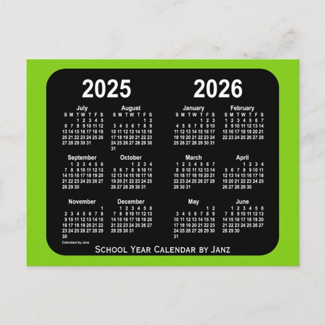 2025-2026 års kalender för gulgrön Neon School frå Vykort (Framsida)