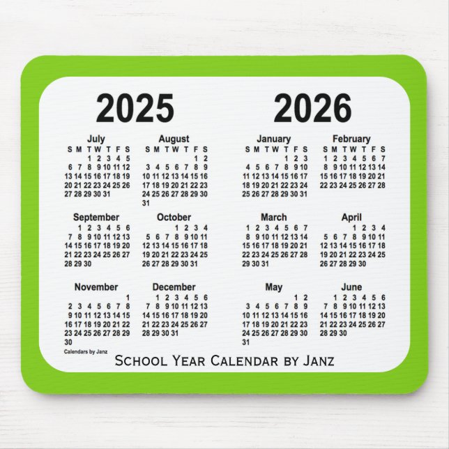 2025-2026 Grönt skolkalender från Janz Musmatta (Framsidan)