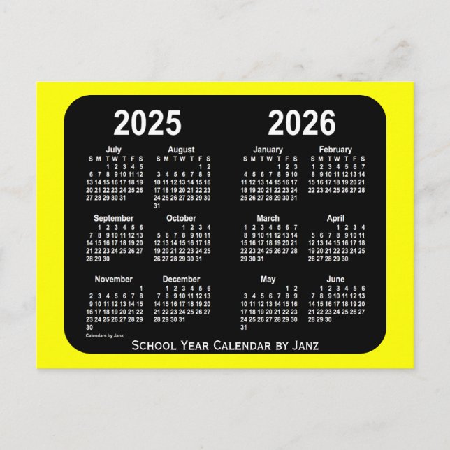 2025-2026 Gult Neon School Calendar från Janz Vykort (Framsida)