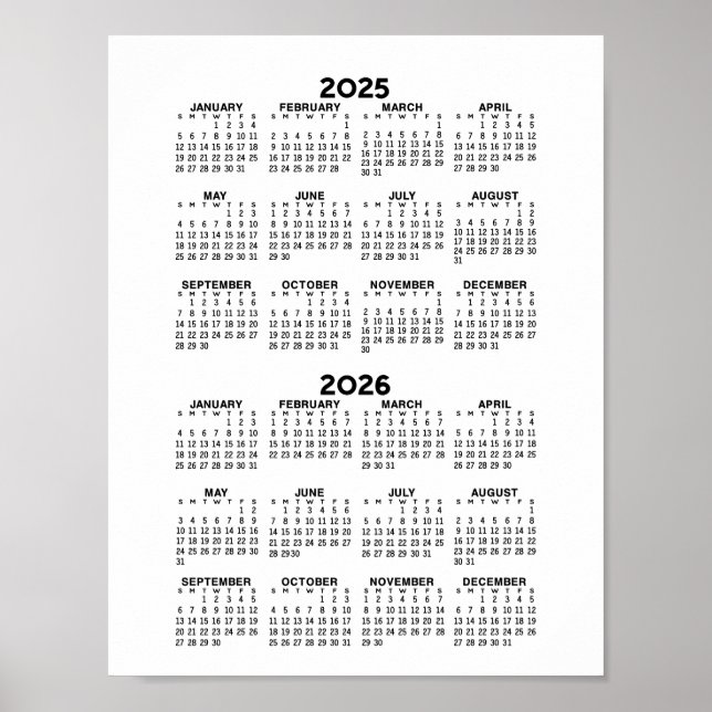 2025 2026 Kalender - grundläggande minimalt svartv Poster (Framsidan)