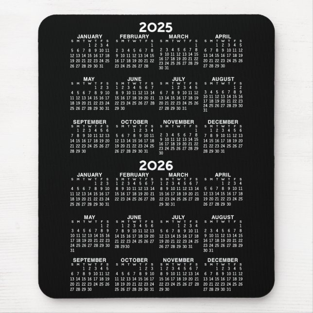 2025 2026 Kalender - svart bakgrund - Lodrät Musmatta (Framsidan)