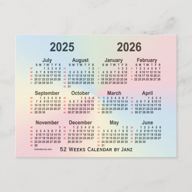 2025-2026 Regnbåge 52 veckors kalender från Janz Vykort (Framsida)