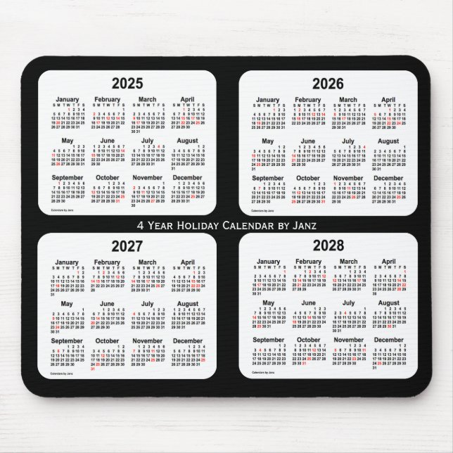 2025-2028 Svartvit Helgdag Kalender från Janz Musmatta (Framsidan)