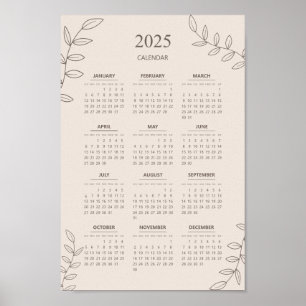 2025 Årlig Kalender Blommig Linjekonst Minimalisti Poster