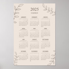 2025 Årlig Kalender Floral Linjekonst Minimalistis Poster