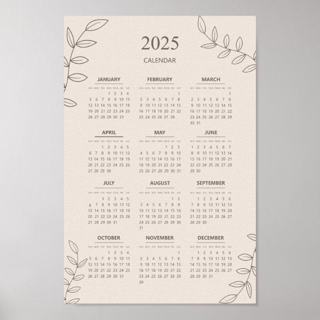 2025 Årlig Kalender Floral Linjekonst Minimalistis Poster (Framsidan)