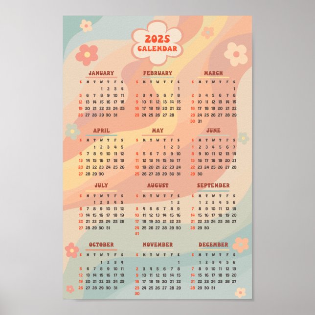 2025 Årlig Kalender Groovy Vintage Pastell Virvel  Poster (Framsidan)