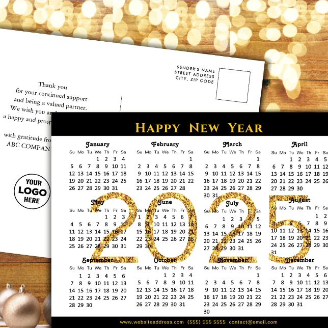 2025 års Business Calendar Modern Black Guld Glitt Helg Vykort (Skapare uppladdad)