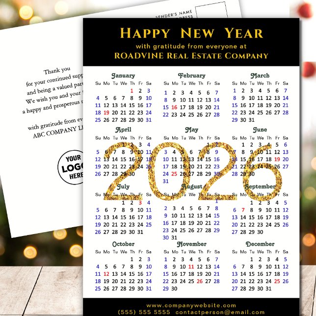 2025 års Business Calendar Modern Black Guld Glitt Helg Vykort (Skapare uppladdad)