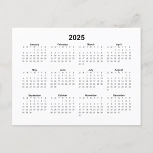 2025 års grundläggande månadskalender vykort
