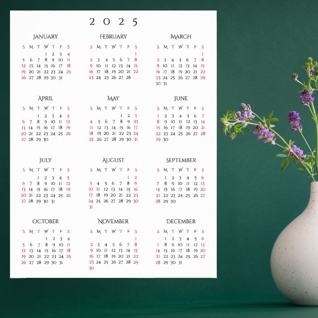 2025 års hemmakontoret Årlig väggkalender Poster (2025 Full Year Home Office Yearly Wall Calendar Poster)