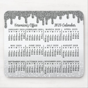 2025 års kalender Faux Silver Glitter Drips Namn Musmatta