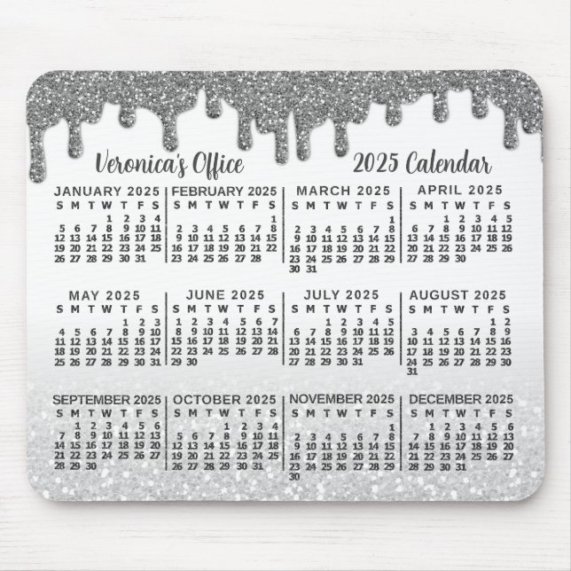 2025 års kalender Faux Silver Glitter Drips Namn Musmatta (Framsidan)