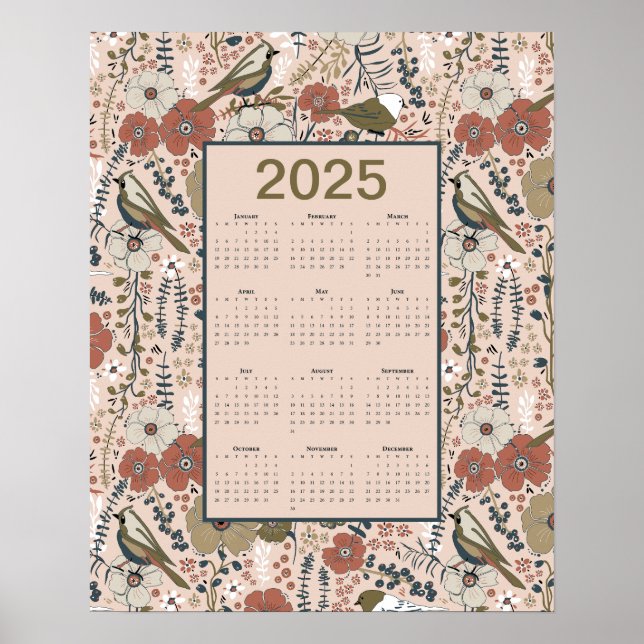 2025 års kalender för fågelblommor poster (Framsidan)