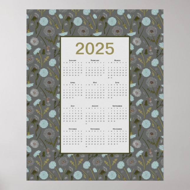 2025 års kalender Grått Blue Dandelion Poster (Framsidan)