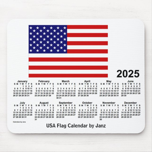 2025 års kalender i USA flagga av Janz Mouse Pad Musmatta (Framsidan)