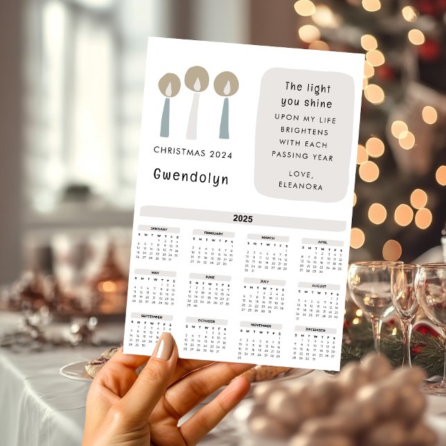 2025 års kalender Motiverat julkort (2025 Calendar Motivational Quote Hand Drawn Candles Christmas Card)