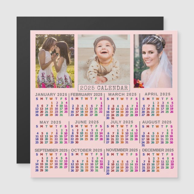 2025 års kalender - Rosa-familjens fotokollage Magnetisk Inbjudningskort (Fram/baksida)