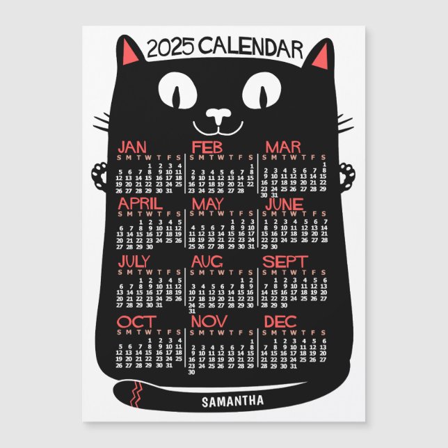 2025 års kalender - svart kattmagnet i mitten av å (Framsida)