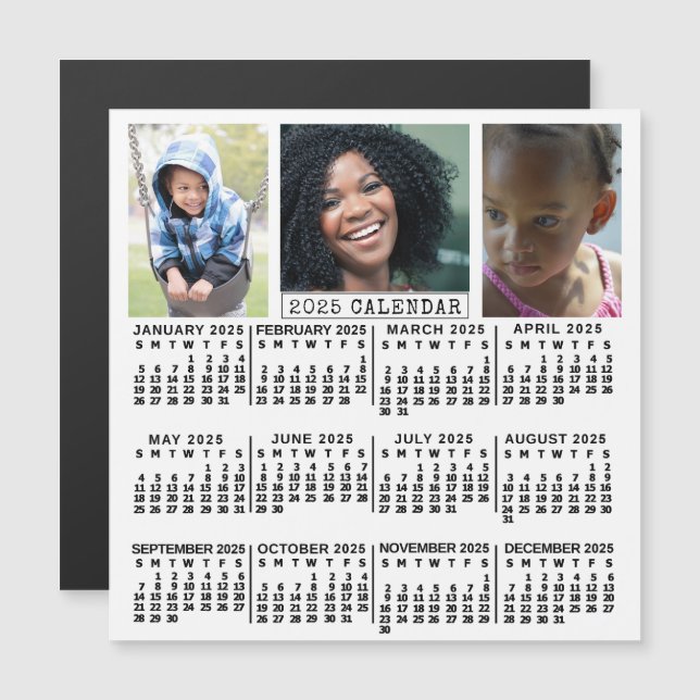 2025 års kalender - vit | 3 Anpassningsbars fotoko Magnetisk Inbjudningskort (Fram/baksida)