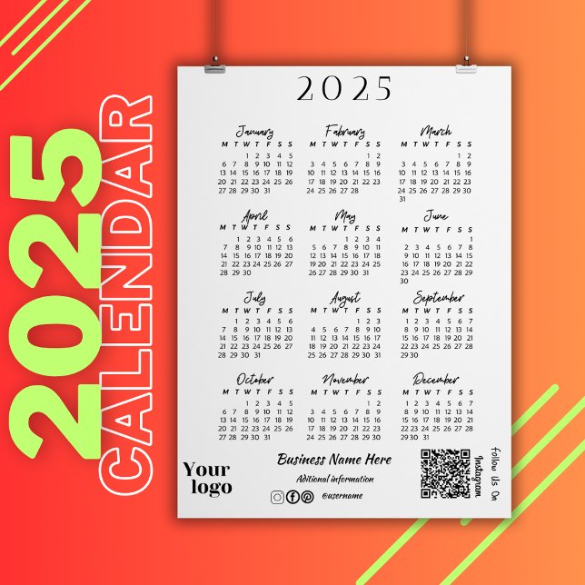 2025-års kalender, vit typbild inbjudningar (2025 Year Calendar Script Typography White Invitation)
