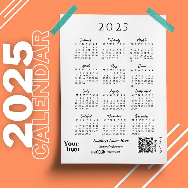 2025-års kalender, vit typbild magnetisk inbjudningskort (2025 Year Calendar Script Typography White Magnetic Invitation)