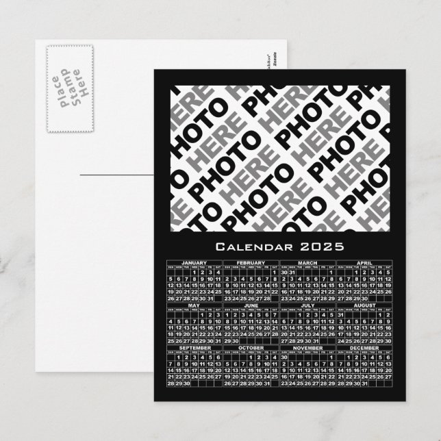 2025 års Lägg till bild svart vykort för kalendern (Fram/baksida)