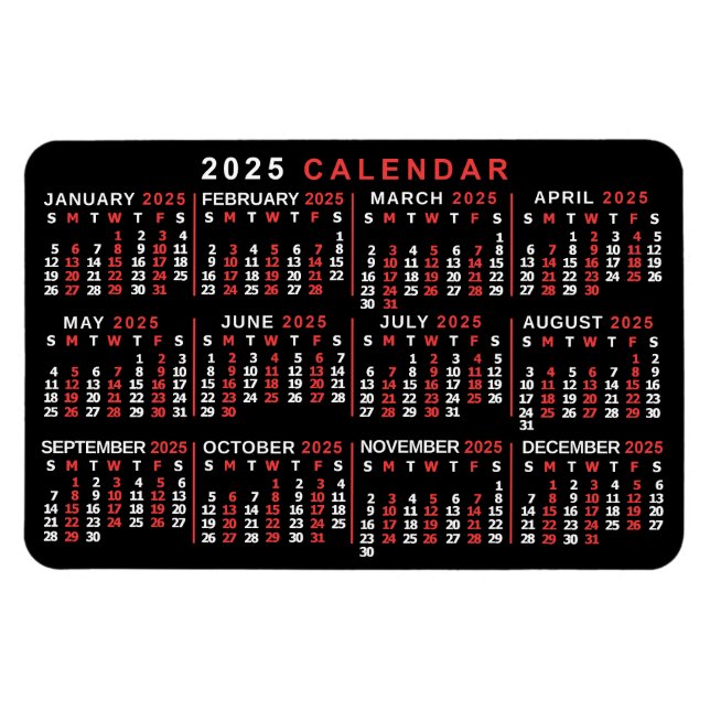 2025 års månadskalender Classic Black White Magnet (Horisontell)