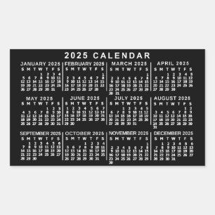 2025 Års Månadskalender Klassisk Svart och Vit Rektangulärt Klistermärke