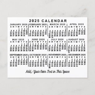 2025 års månadskalender Klassiskt vitt och svart Vykort